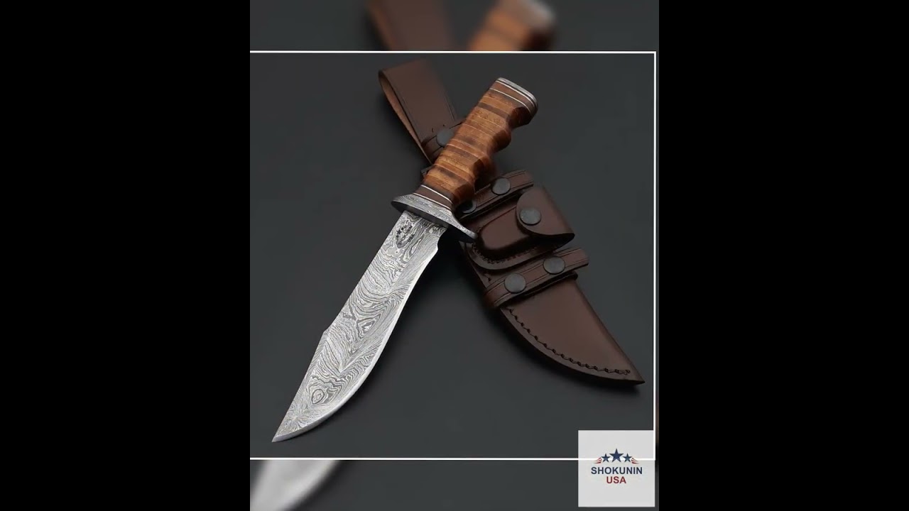 Brute Damascus Steel Bowie Knife with Stacked Leather Handle
