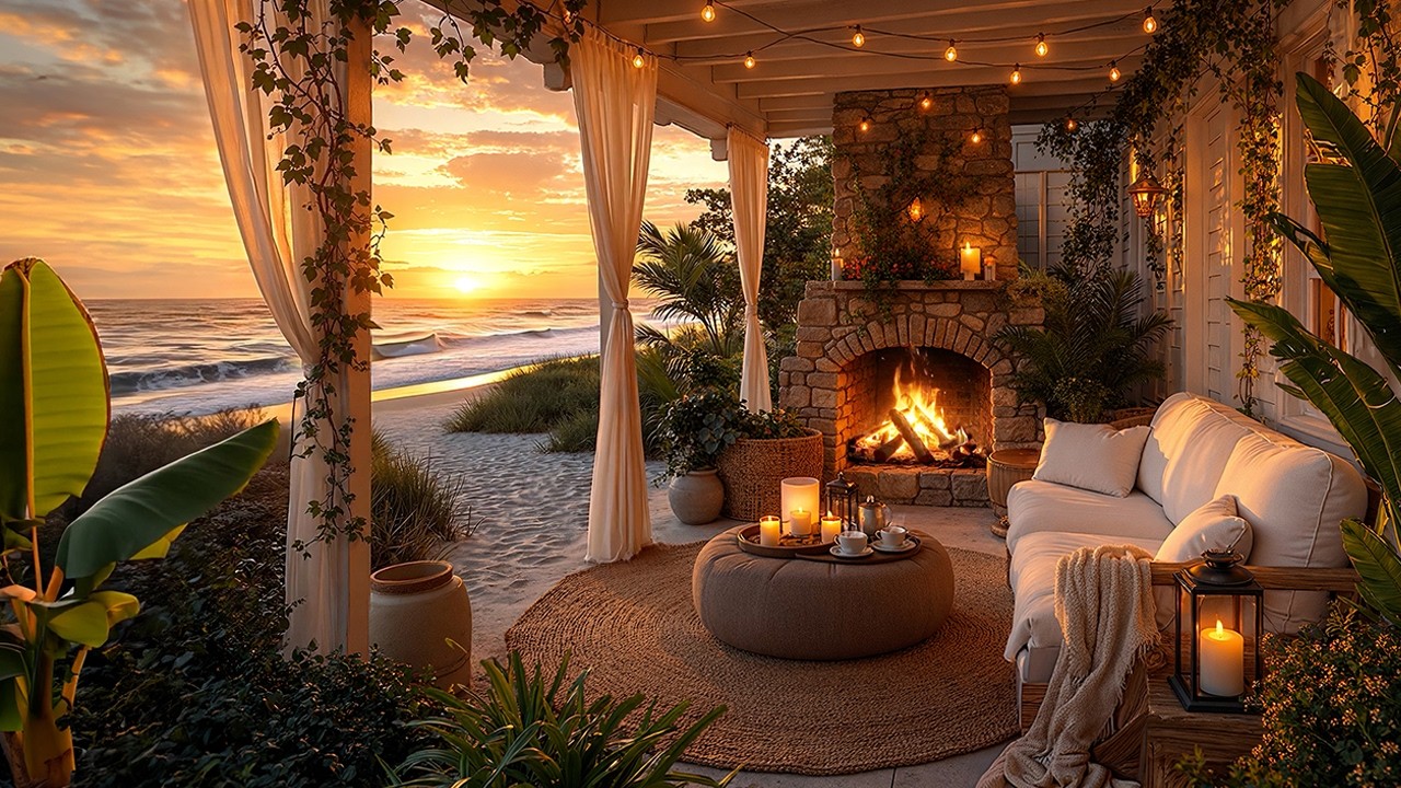 Your Gentle Sunset Evening Has Arrived&hellip; 🌊🔥 | Beach Cottage Porch, Ocean Waves & Fireplace for Sleep