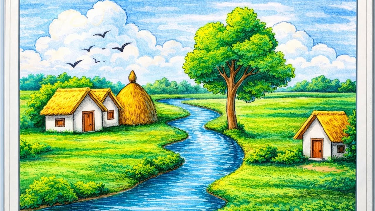 beautiful village drawing with villageland || easy drawing 