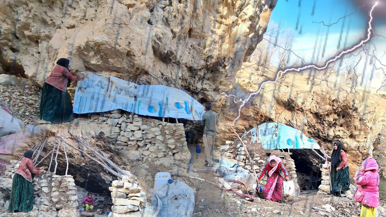 Nomadic Family Builds a Safe Cave Shelter on a Rainy Day | Real Survival in Harsh Mountains