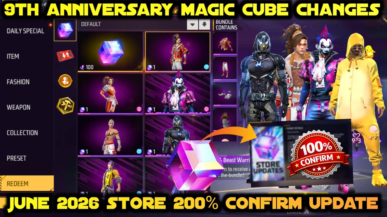 JUNE 2026 KO 9TH ANNIVERSARY NEXT MAGIC CUBE STORE UPDATE BUNDLE NEW EVENT FREE FIRE MEIN KAB AAYEGA