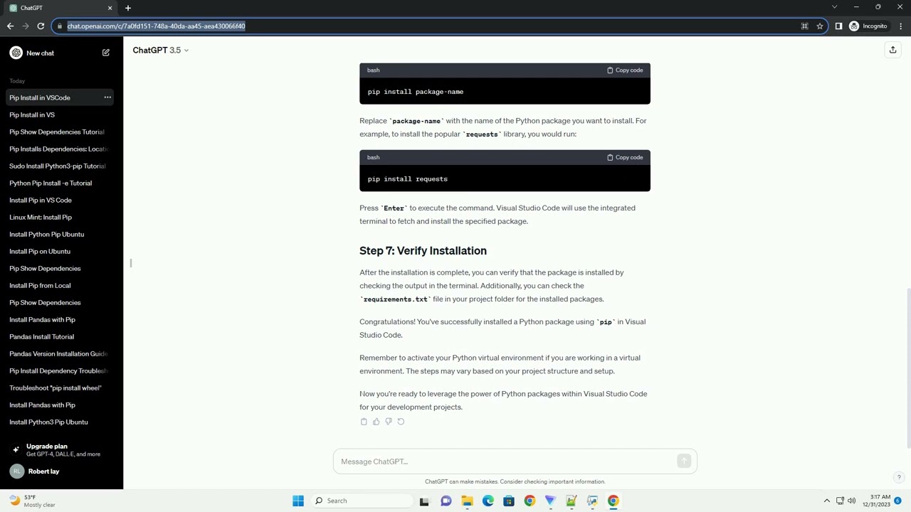 how to pip install in visual studio code