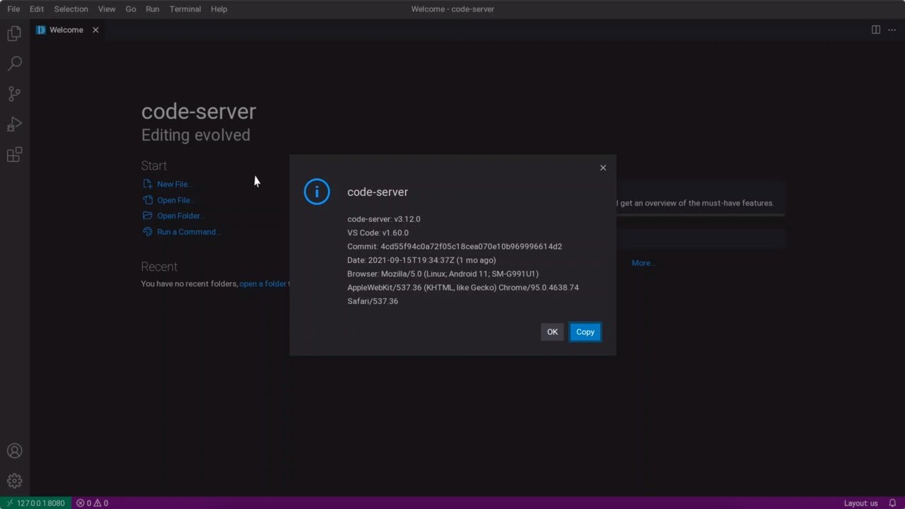 Late 2021 Update!  VS Code (code-server 3.12.0) in DeX on a Samsung Galaxy S21