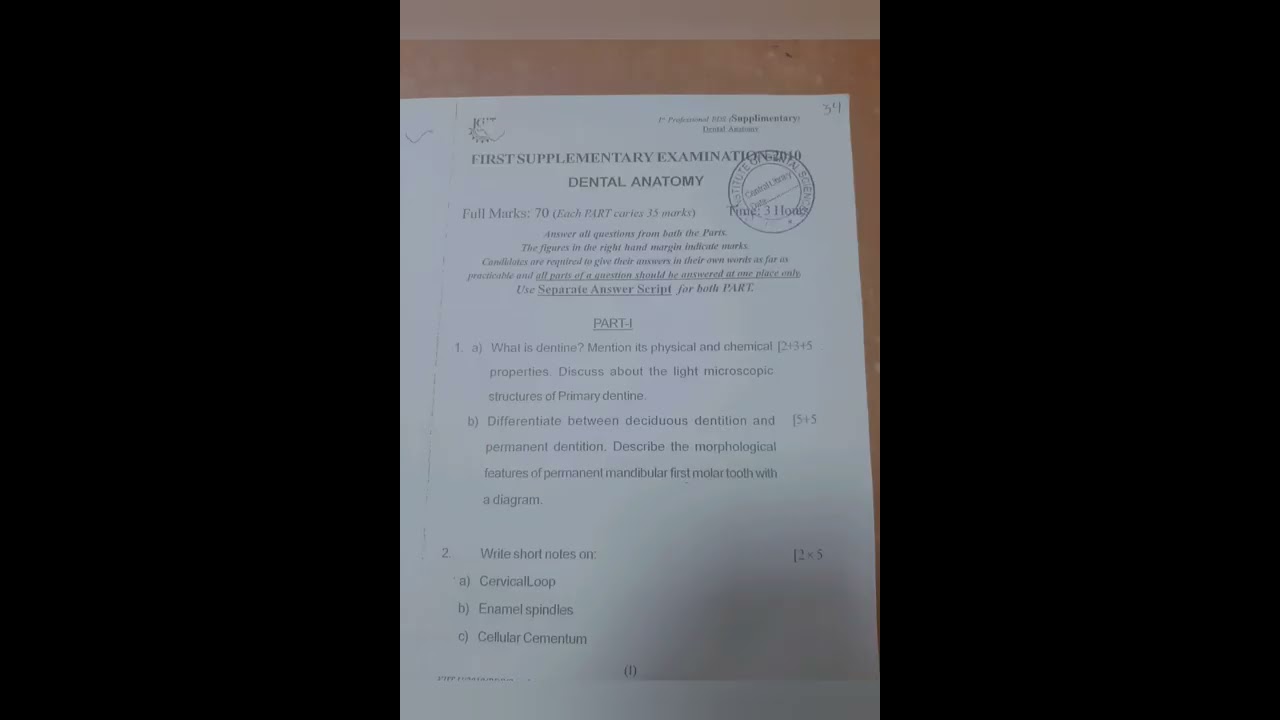 PREVIOUS YEARS  ANNUAL EXAM QUESTION PAPERS OF  DENTAL ANATOMY  BDS 1ST YEAR