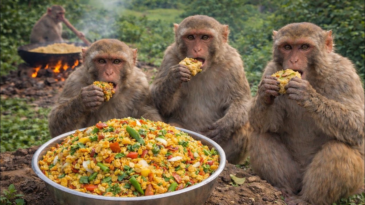 बंदरों ने मिलकर बनाई मसालेदार भेल पूरी 😱🔥 गांव वाले रह गए हैरान  Monkeys Made Bhel Puri