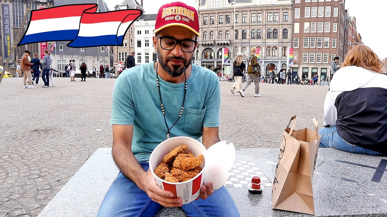فلوك اكل يوم كامل في هولندا وموكبانغ دجاج كنتاكي في الساحة العامة وسط امستردام Vlog in Amsterdam