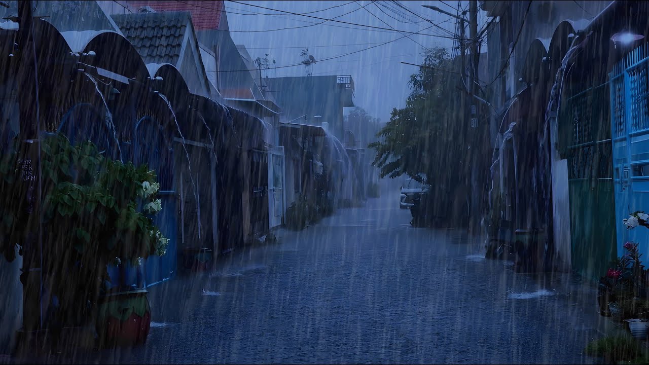 Gradually Into a Deep Sleep with Extremely Strong Rain & Thunder Resounding on the Village