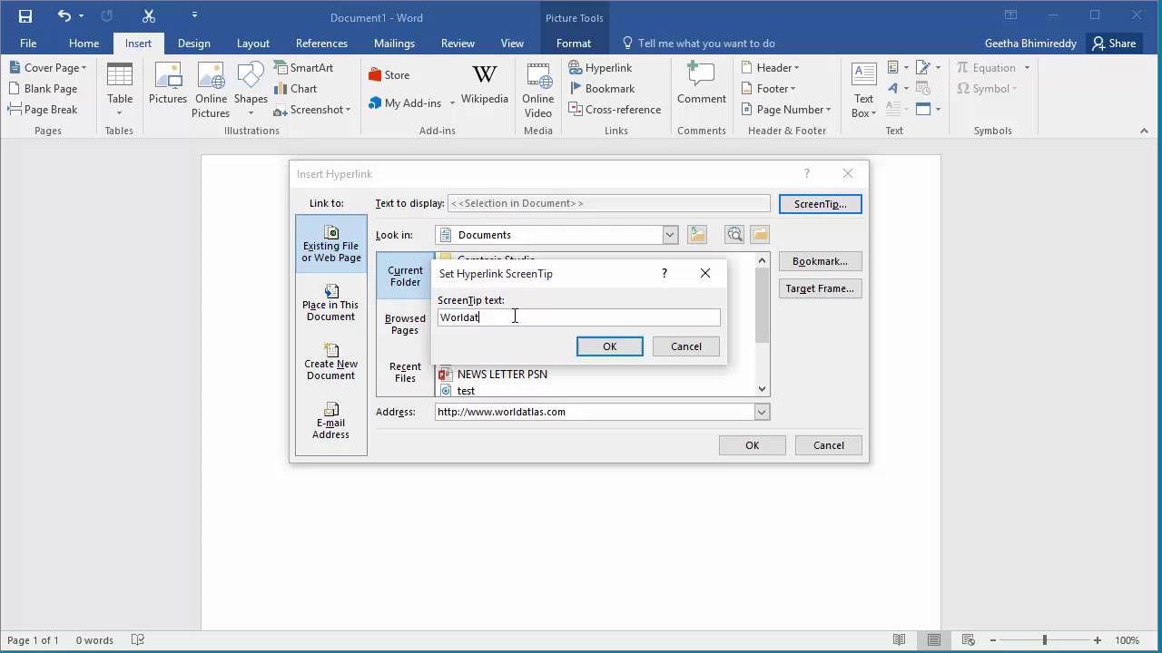 How to Create Hyperlink for an Image in a document in Word 2016