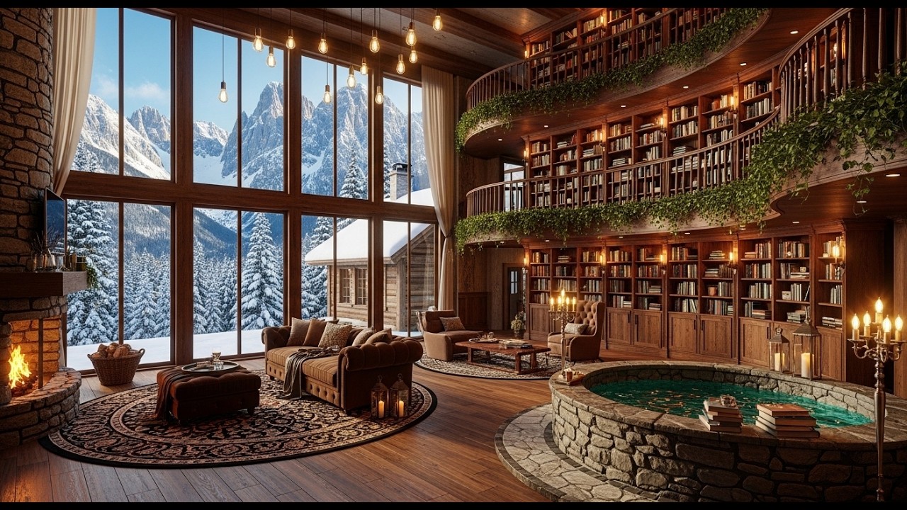 Winter Jazz for Deep Reading ❄️ A Snowbound Literary Library with Fireplace Glow and Endless Books