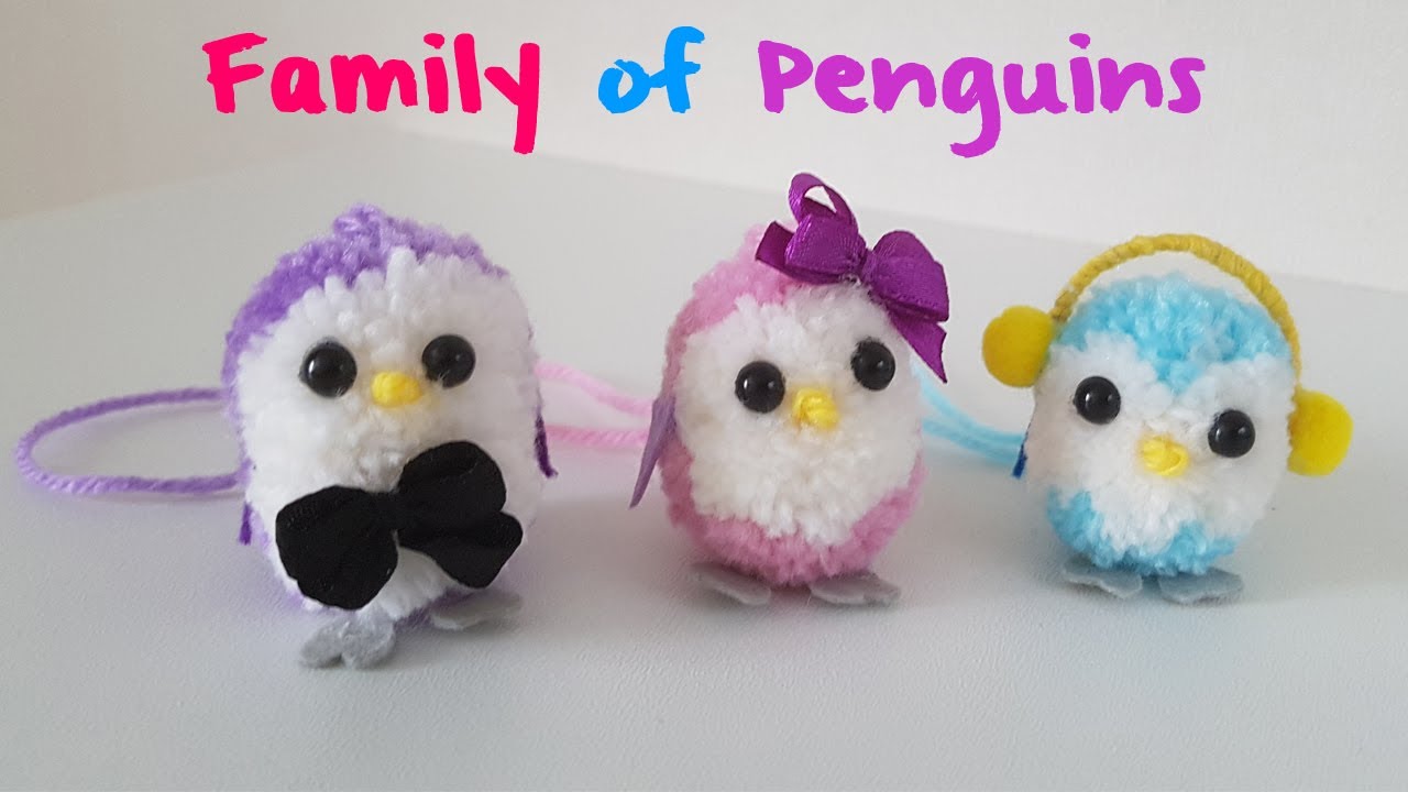 Семейка пингвинов из помпонов 🐧 Милые шерстяные пингвины 🐧