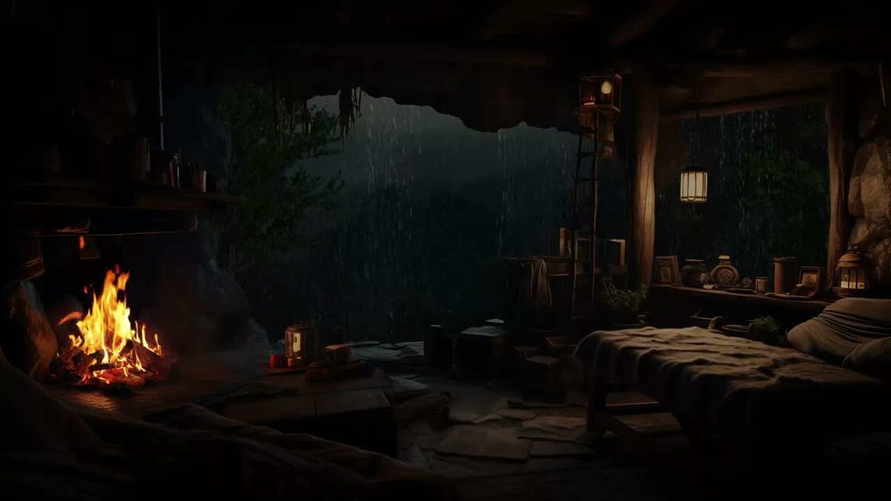 Cozy Rain in Cave at Night | Fire Crackling and Rain Sounds for Study, Relax