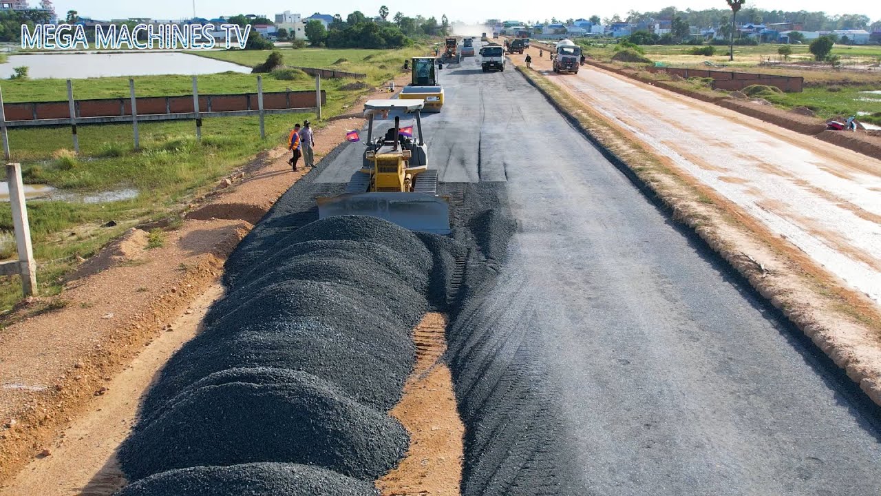 NEW ROAD PAVED WITH GRAVEL AND STONES ! BULLDOZER MOTOR GRADER ROLLER AND DUMP TRUCK WORK PERFECT