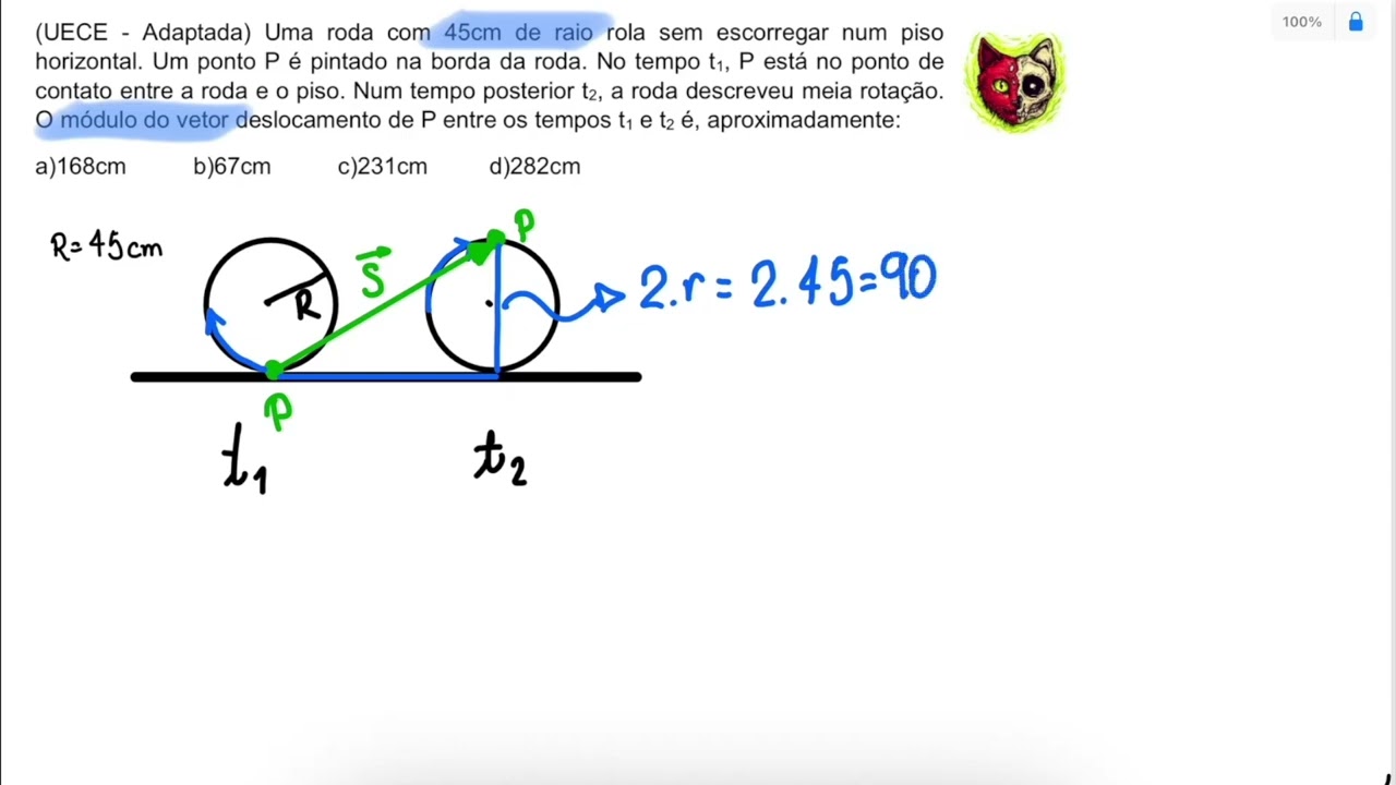 (UECE - Adaptada) Uma roda com 45cm de raio rola sem escorregar num piso horizontal. Um ponto P é pi