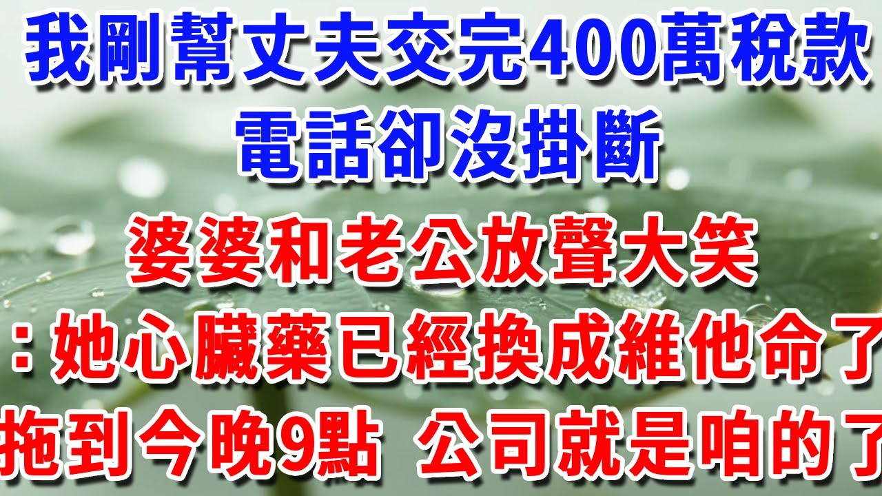 我剛幫丈夫交完400萬稅款，電話卻沒掛斷，婆婆和老公放聲大笑：她心臟藥已經換成維他命了拖到今晚9點 公司就是咱的了！#一帆說故事#為人處世#生活經驗#情感#故事#彩礼