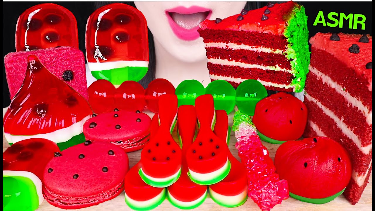 ASMR WATERMELON DESSERTS *EDIBLE SPOON, WATERMELON CAKE, ROCK CANDY, JELLY 수박 디저트 먹방 JANE ASMR 제인