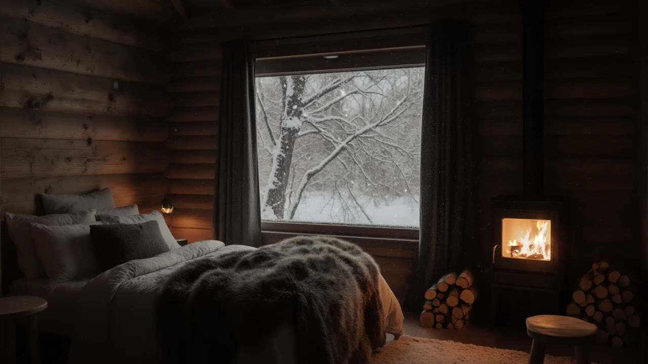Snow Falling Outside 🌨️ Cozy Cabin & Fireplace Night for Sleep (8 Hours)