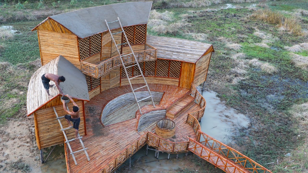 Build A Luxurious Two-Story Bamboo Resort House And Swimming Pool, Aquarium Using Hand Tools [4]