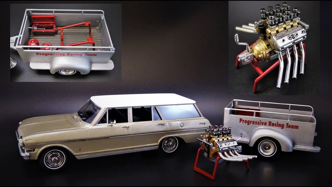 1963 CHEVY II NOVA STATION WAGON TRAILER HEMI ENGINE 3N1 1/25 SCALE MODEL KIT BUILD AMT1201 AMT