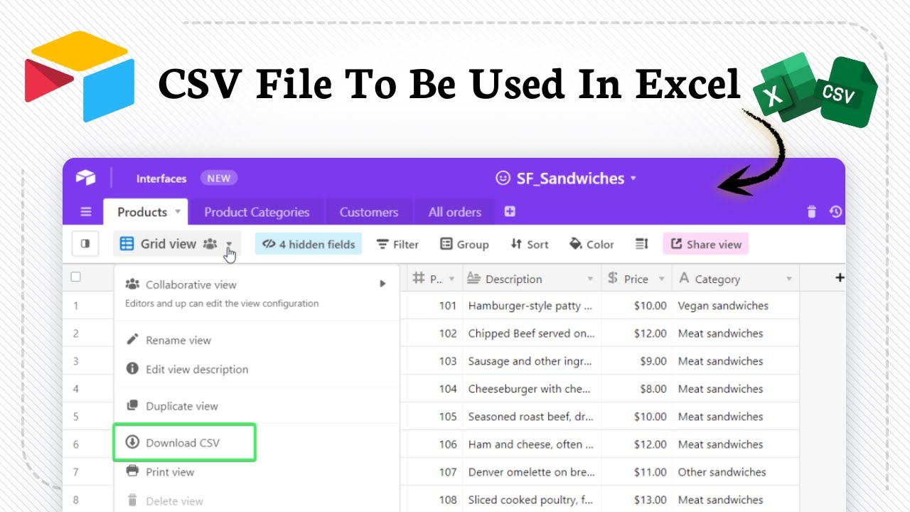 How to download csv file to be used in Excel in Airtable