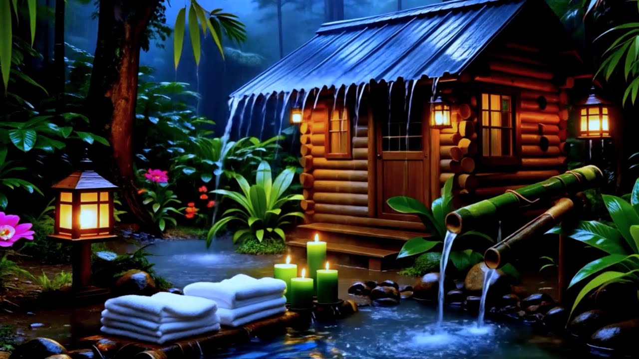 Soothing Stream and Piano Music | Quiet Forest Cabin Night Ambience