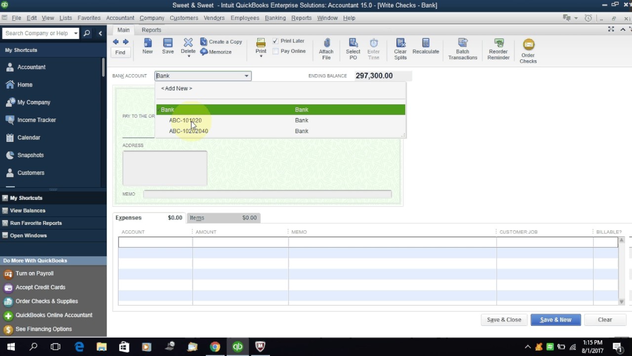QuickBooks Tutorial Part 15 Write check