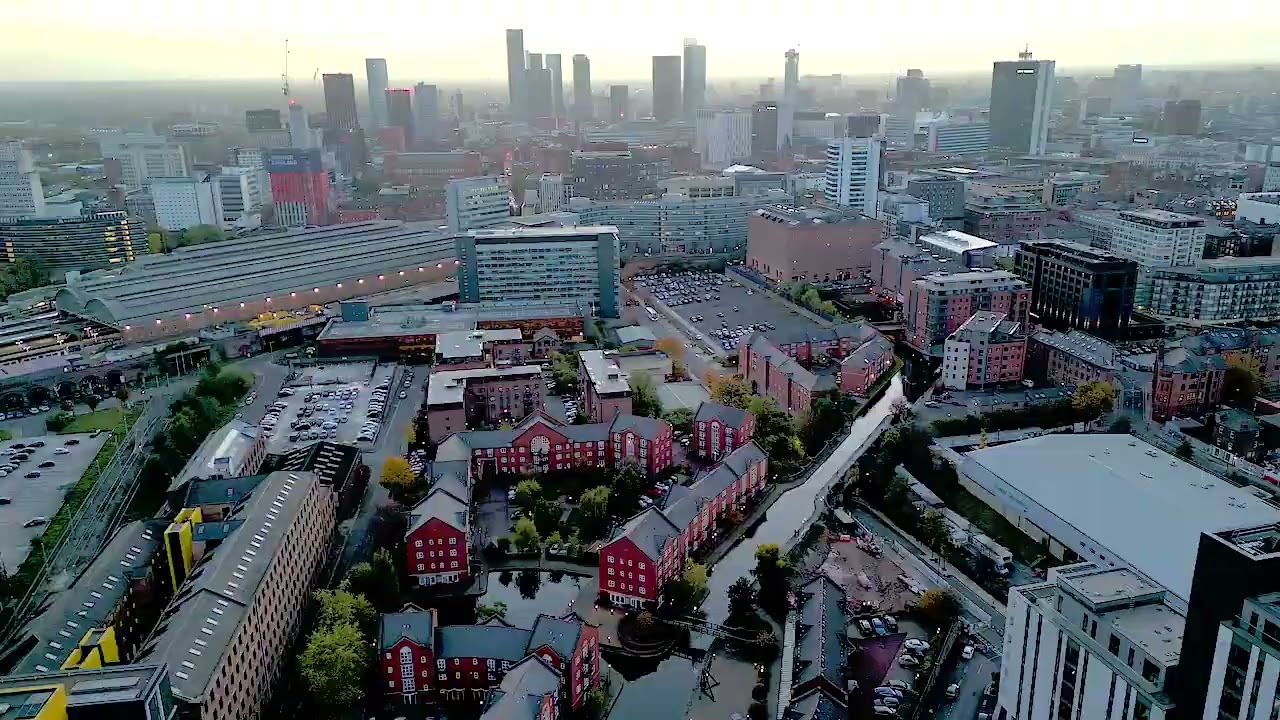 Northern Quarter, Manchester:Skyline Drone Bird View of High-rise Building, Crane and Construction.