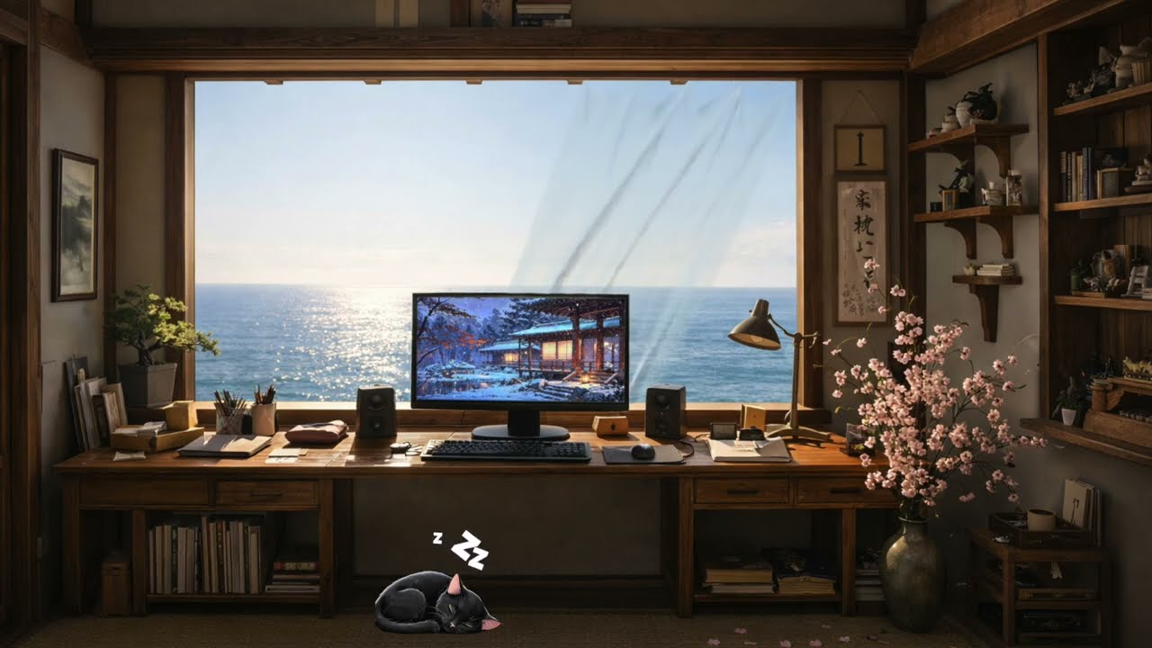 Ocean Waves from a Japanese Window | Relaxing Sea Ambience