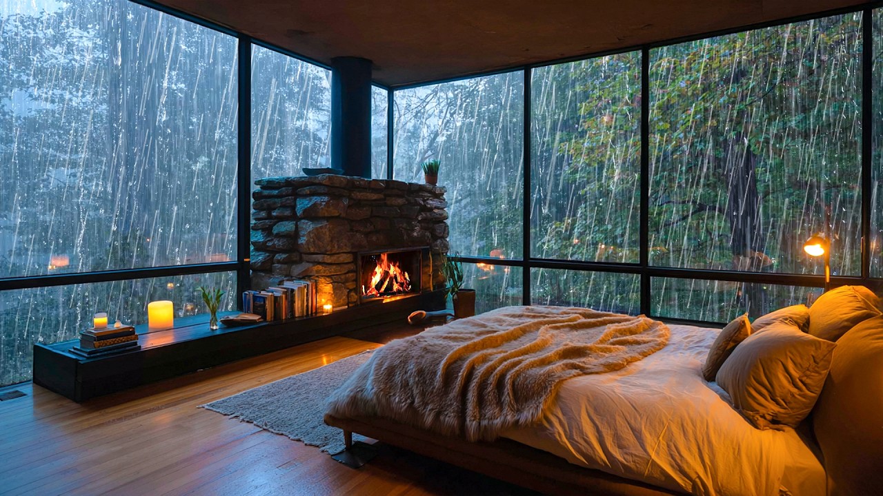 Endlose Regennacht für besseren Schlaf 🌙 Leichter Regen & Kaminfeuer im Schlafzimmer