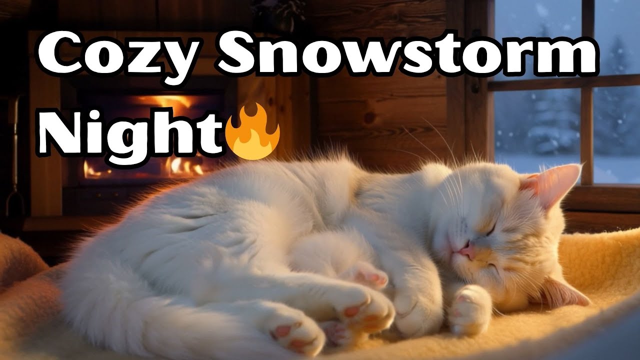 Cozy Fireplace Night ❄️ Sleeping Cat in a Winter Cabin | 2 Hours of Warm Ambience