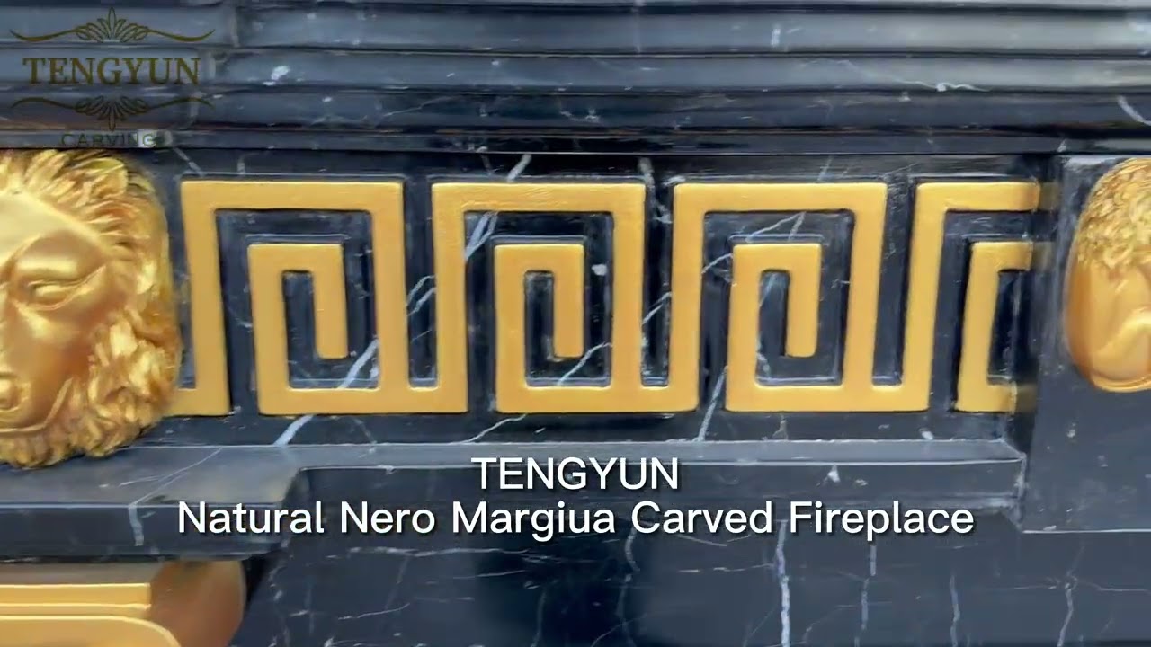 Luxury Black Marble Fireplace Mantel with Gold Gilded Accents | Hand-Carved Classic Greek & Lion