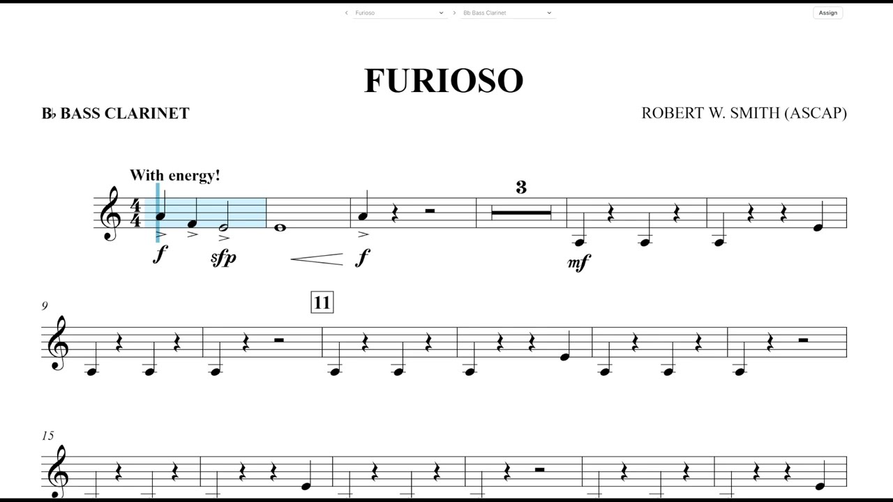 Furioso (Robert W. Smith) Bb Bass Clarinet Play Along