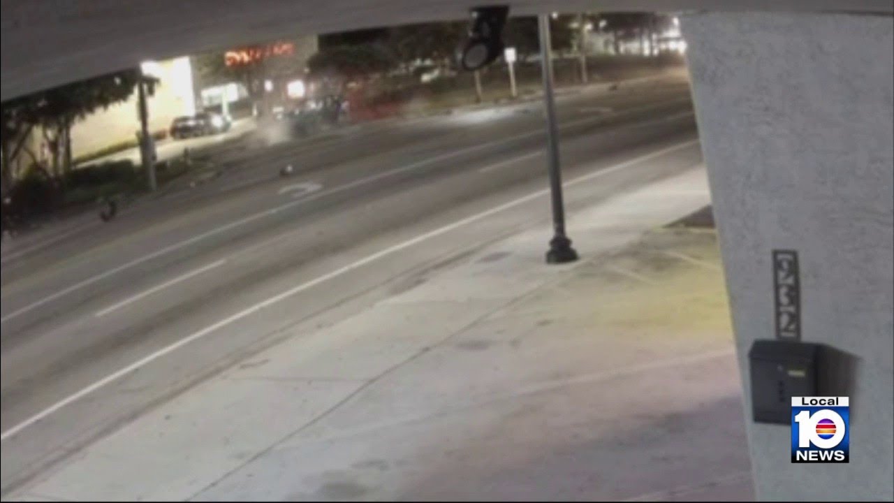 Surveillance video captures driver crash into bus bench leaving 1 hospitalized in Hollywood