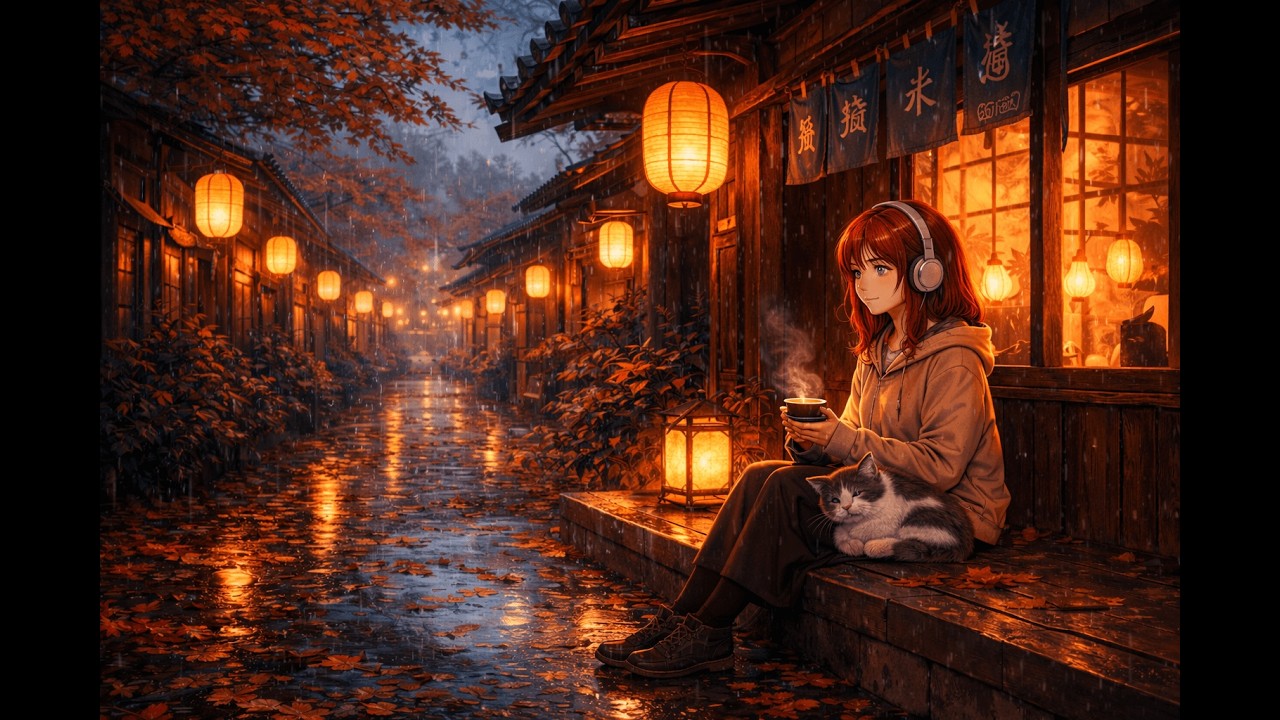 Rainy Night in Japan 🍁 Cozy Lofi with Cat | Autumn Lantern Ambience for Study & Relax