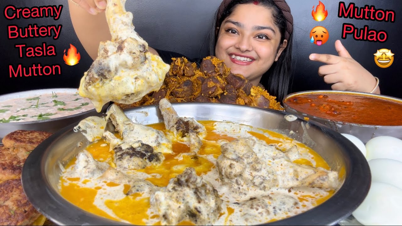 CREAMY BUTTERY TASLA MUTTON, SPICY MUTTON PULAO, MUTTON GALOUTI KEBAB AND BOILED EGGS | EATING SHOW