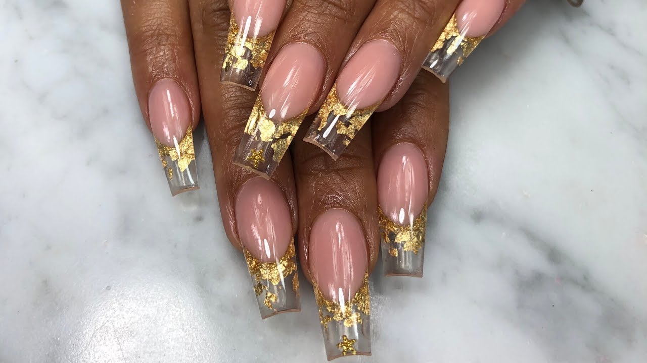 HOW TO: Crystal Clear French With Gold Leafs | Acrylic Nails Tutorial | For Beginners