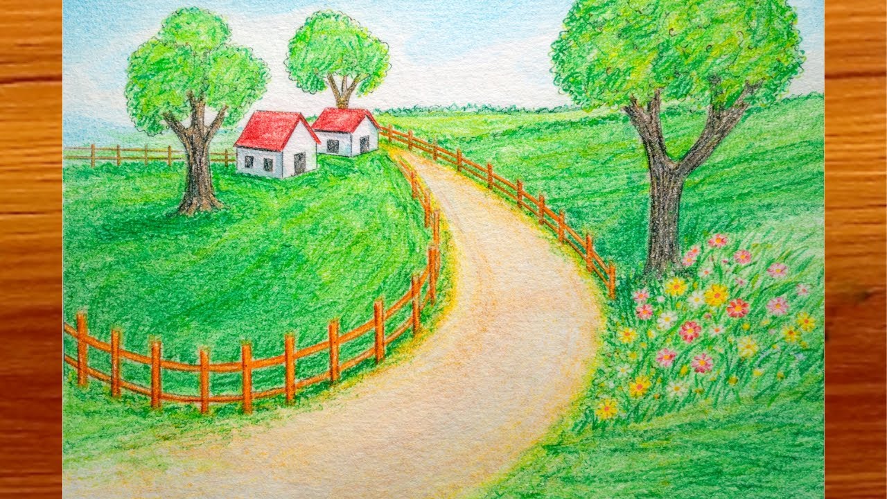 Easy Village Scenery Drawing with Color Pencil | Beautiful Nature Landscape Drawing Step by Step