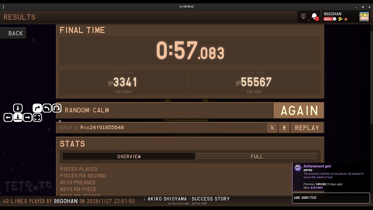 Clear 40 LINES using only T-Spin Doubles(20TSD) 0:57.083