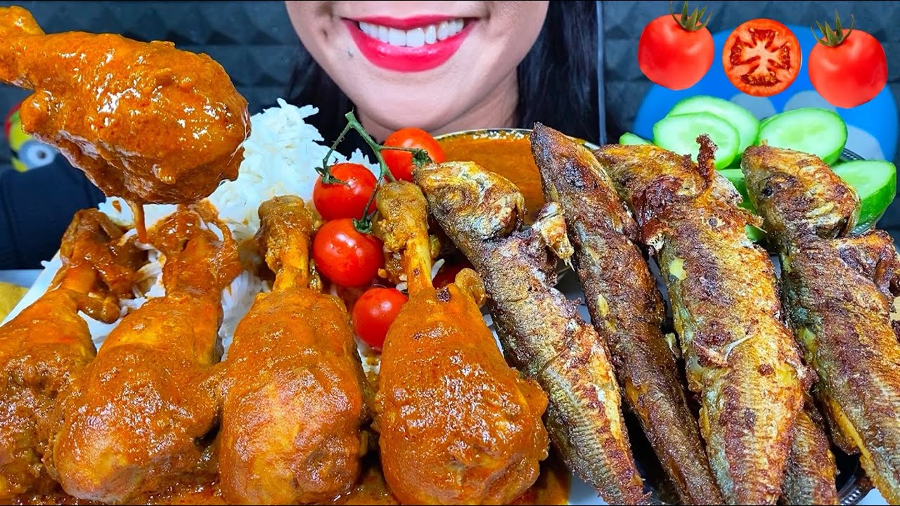 ASMR SPICY CHICKEN CURRY, FISH FRY, BASMATI RICE MUKBANG MASSIVE Eating Sounds