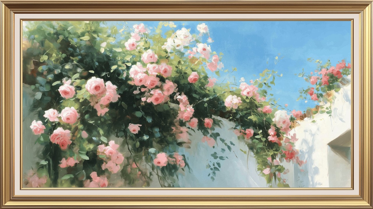 Spring Pink Roses & Blue Sky 🌸 | Vintage Oil Painting 4K Frame TV Art Screensaver (No Music)