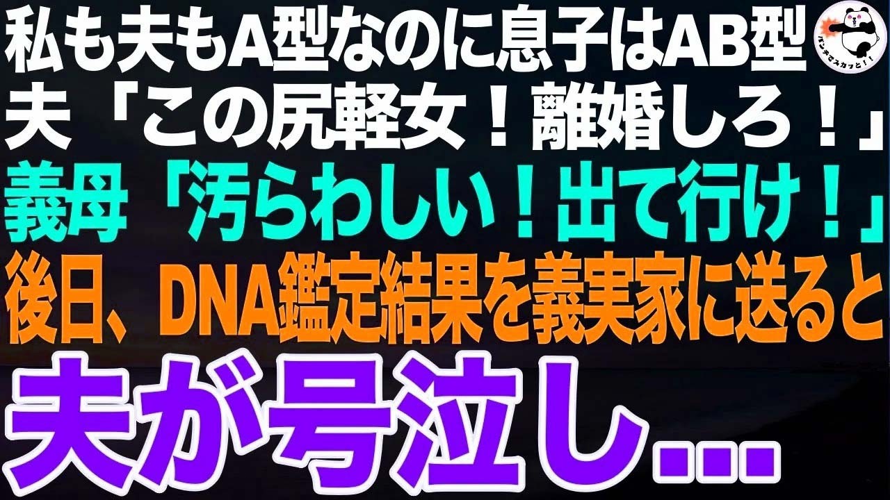 私も夫もA型なのに生まれた息子の血液型がAB型。夫「この尻軽女！離婚だ！」義母「汚らわしい嫁は出て行け！」後日、DNA鑑定の結果を夫と義両親に披露すると夫が号泣し…【スカッと総集編】