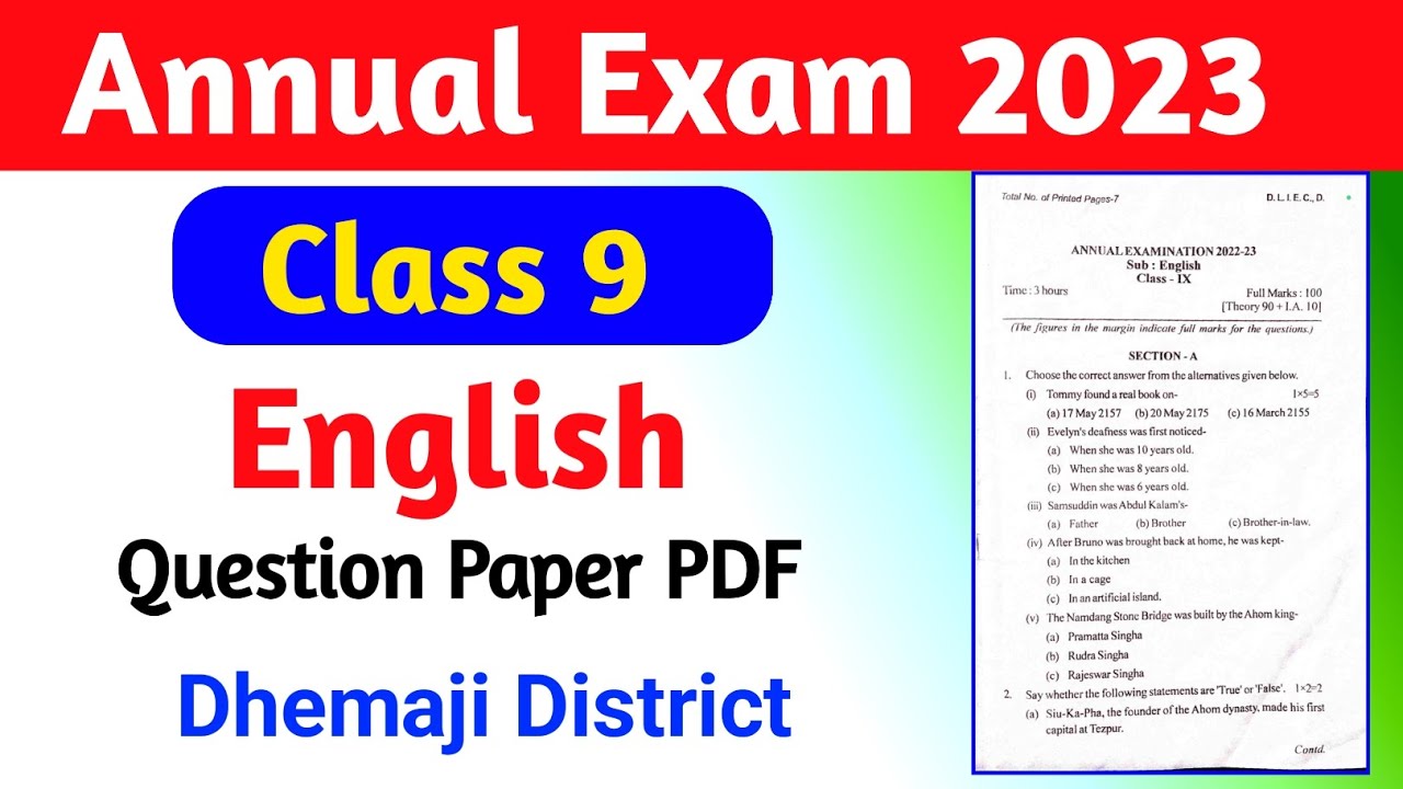 Class 9 English Question Paper 2022-2023 Seba board Assam / english Question paper 2023 class 9 PDF