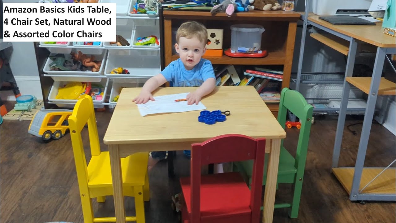 Amazon Basics Kids Table and 4 Chair Set, Natural Wood, Assorted Color Chairs