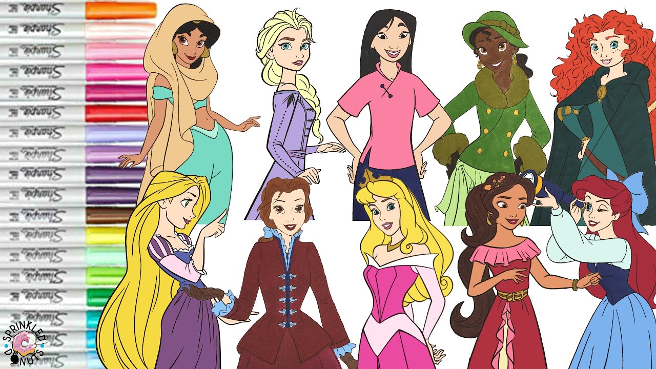Disney Princess Coloring Book Compilation Ariel Jasmine Tiana Belle Aurora Elsa Elena Merida Mulan