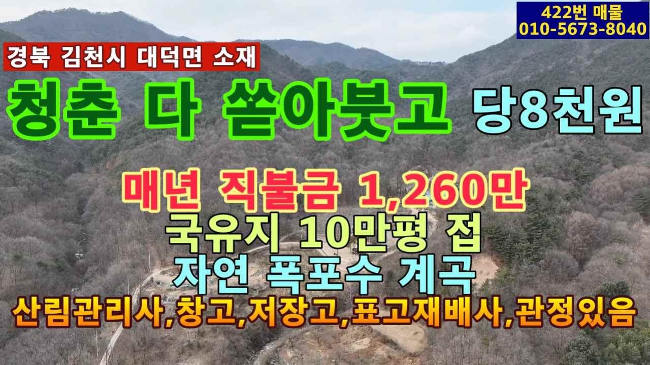 ( 422번 매물)경북 김천시 대덕면 소재.매년 임업직불금 1,260만원 수령.산림관리사,창고,저장고,표고재배사,관정 설치,자연폭포 계곡 접.국유지임야 10만평 접.송이 능이 채취