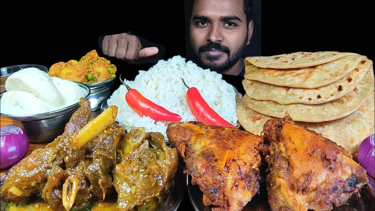 EATING MUTTON CURRY WITH ALOO PARATHA, TANDOORI CHICKEN, MATAR ALOO KI SABJI, RICE & RASMALAI ASMR