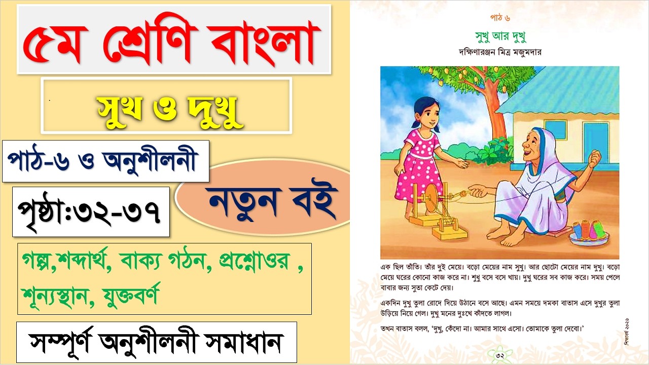 ৫ম শ্রেণি বাংলা ২০২৬ | পাঠ ৬: সুখ ও দুখু | পৃষ্ঠা ৩২–৩৭ সম্পূর্ণ সমাধান | Class 5 Bangla suk o duku