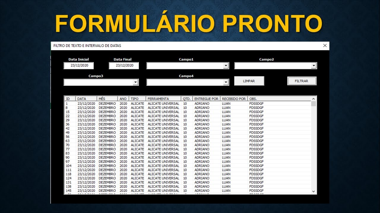 FILTRO de TEXTO e INTERVALO de DATAS em LISTVIEW Excel VBA - BAIXAR FORMULÁRIO PRONTO