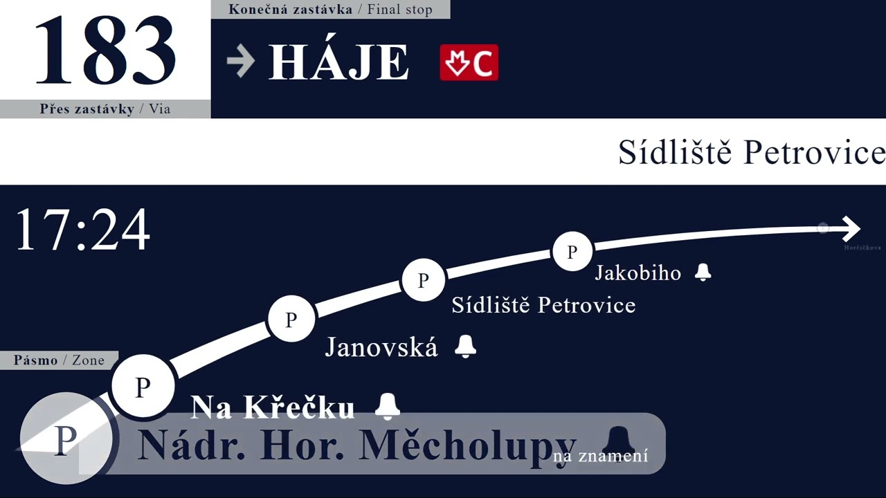 Hlášení a vnitřní panel Linky 183 (DPP, PID/PIT)