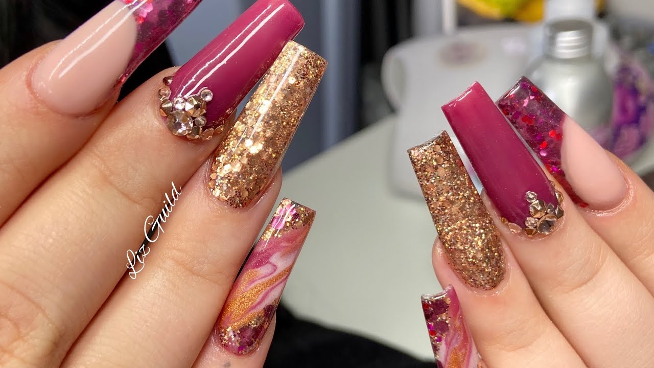 Long Autumn Inspired Acrylic Nails | Full Set Including Prep And Finish Filing