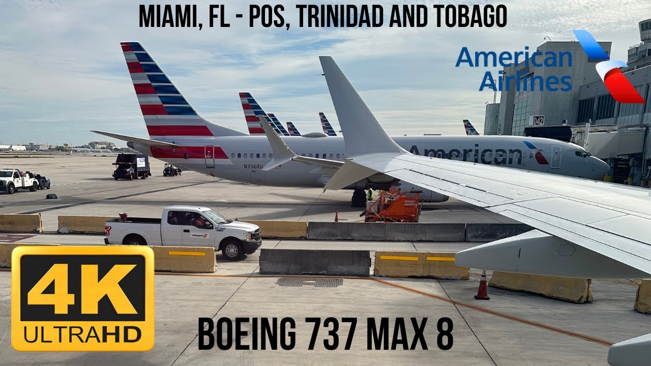 [4K] American Airlines | Boeing 737 MAX 8 Takeoff | Miami, FL - POS, Trinidad and Tobago